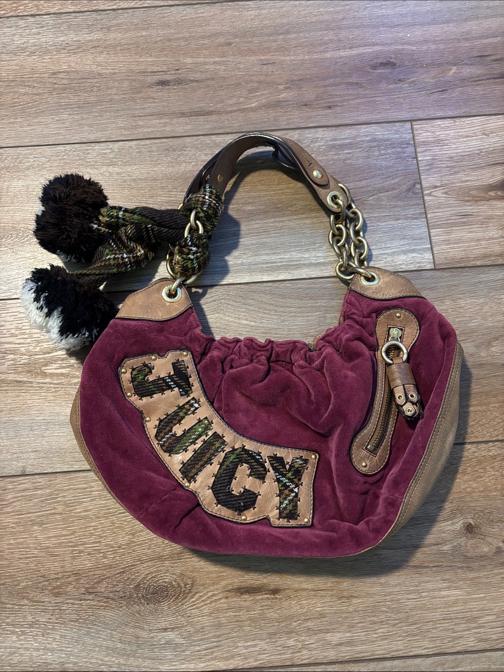 Y2K Juicy Couture Burgundy Velour Pom Pom Hobo Bag